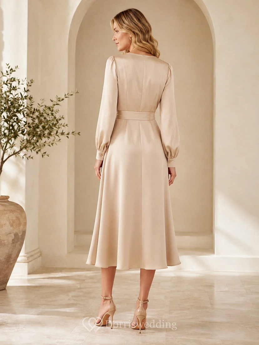 Taupe Satin Wrap Pleated Long Sleeve Tea-length A-Line Formal Dress view 2