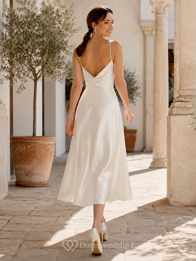 Graceful Civil Satin A Line Cowl Spaghetti Tea Length Wedding Dress view 2