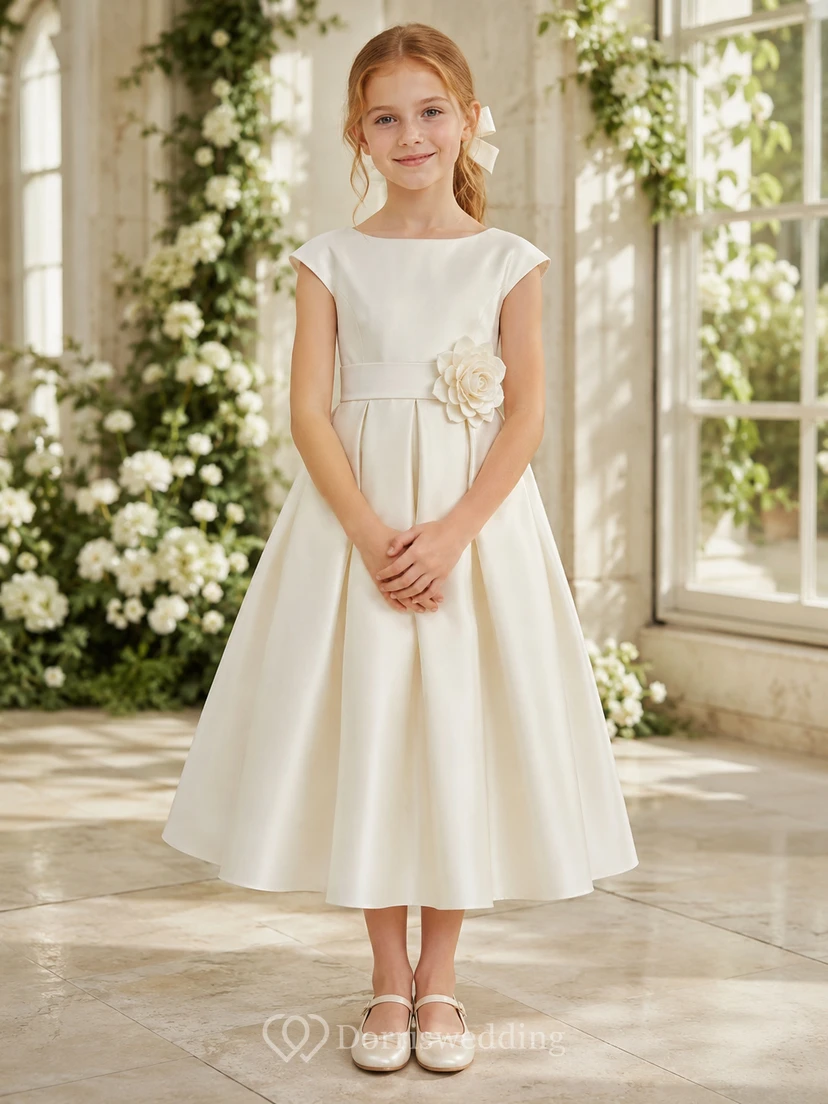 Vestido de niña de las flores, color marfil, corte en A, manga corta, cuello joya, largo hasta la rodilla, aplique floral, detalle de lazo.