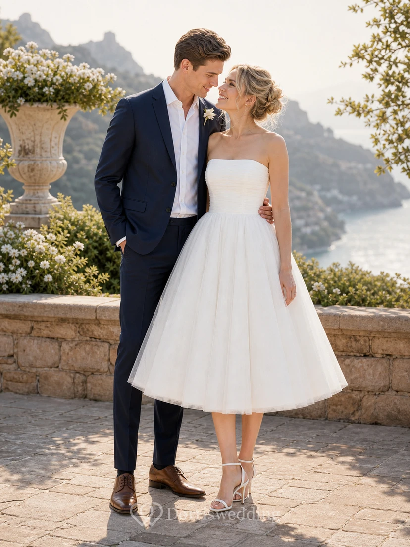Tea-length Strapless A-line Simple Beach Ruched Casual Wedding Dress view 2
