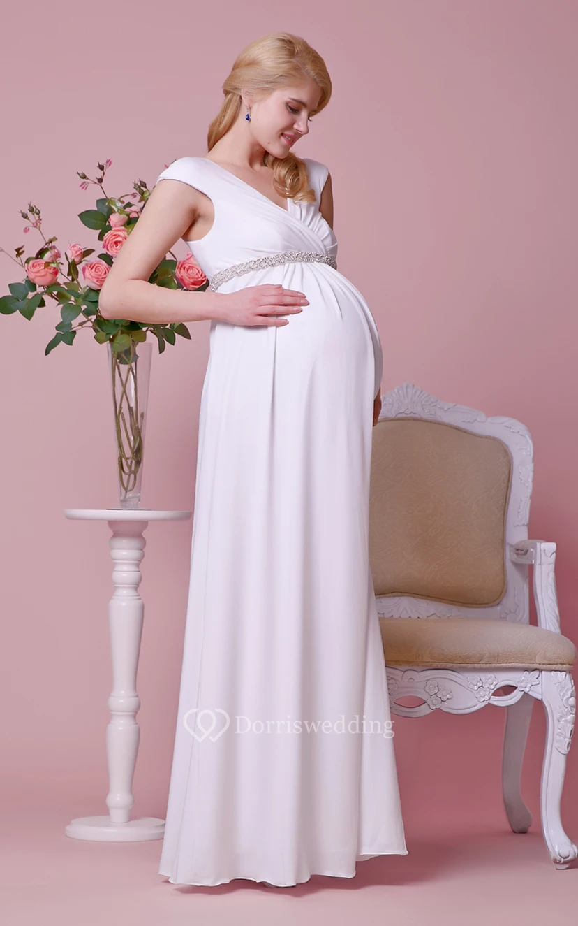 Empire V-neck Short-sleeved A-line Jersey Gown With Shiny Waist view 4
