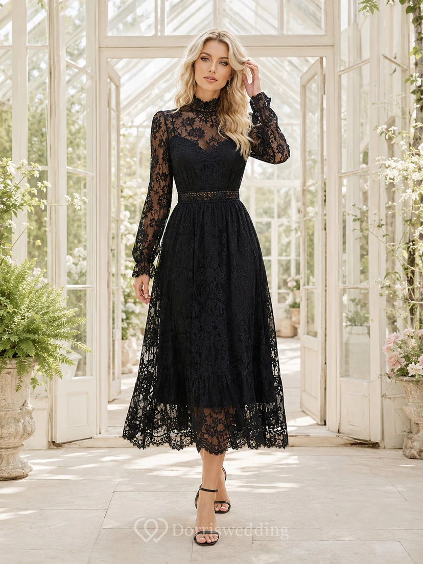 Schwarzes, hochgeschlossenes A-Linien-Kleid aus Spitze mit langen Ärmeln und langen Ärmeln im dezenten Vintage-Stil – ideal für formelle Anlässe und Gästeempfänge