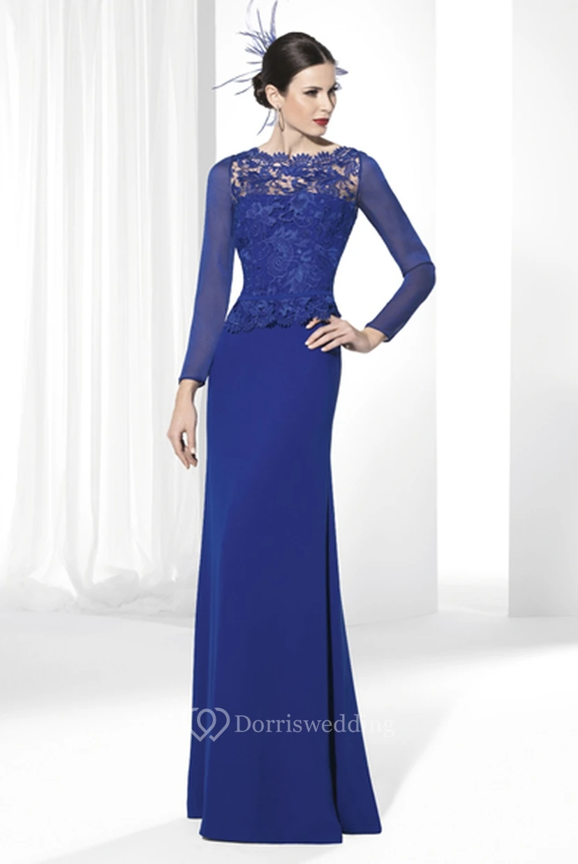 Jersey-Abendkleid mit Rundhalsausschnitt, bodenlang, appliziert und langärmelig