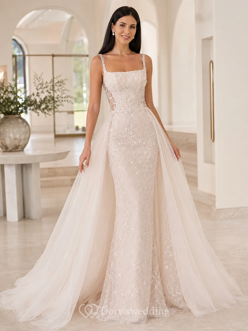 Robe de mariée fourreau à bretelles carrées, ornée de perles, avec surjupe amovible et traîne courte