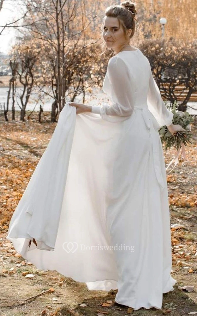 Elegantes A-Linien-Brautkleid aus Chiffon mit V-Ausschnitt, Schärpe und Schlitz vorne view 4