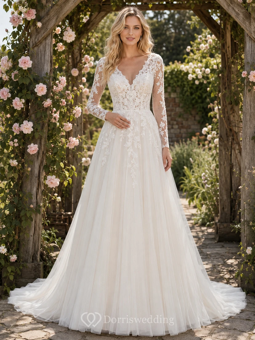 Vestido de novia bohemio de manga larga y corte A para jardín, envío rápido