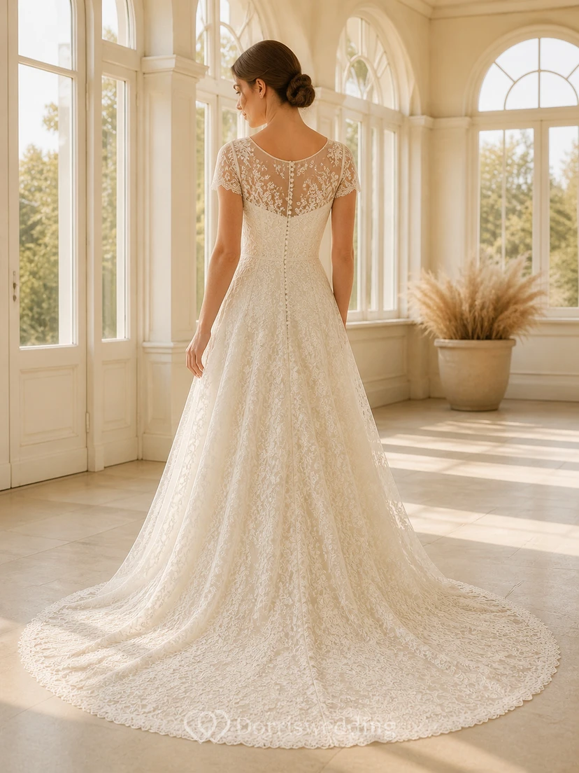 Vestido de novia de corte A con escote joya, manga corta y escote ilusión discreto. view 2