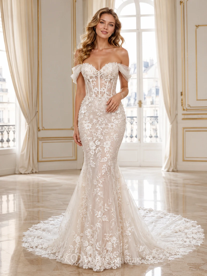 Robe de mariée sirène ajustée en dentelle, épaules dénudées, manches courtes, traîne chapelle, applications florales, style jardin