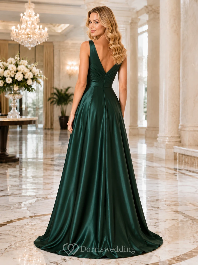 Dark Green V Neck Satin Slit Formal Dress view 2