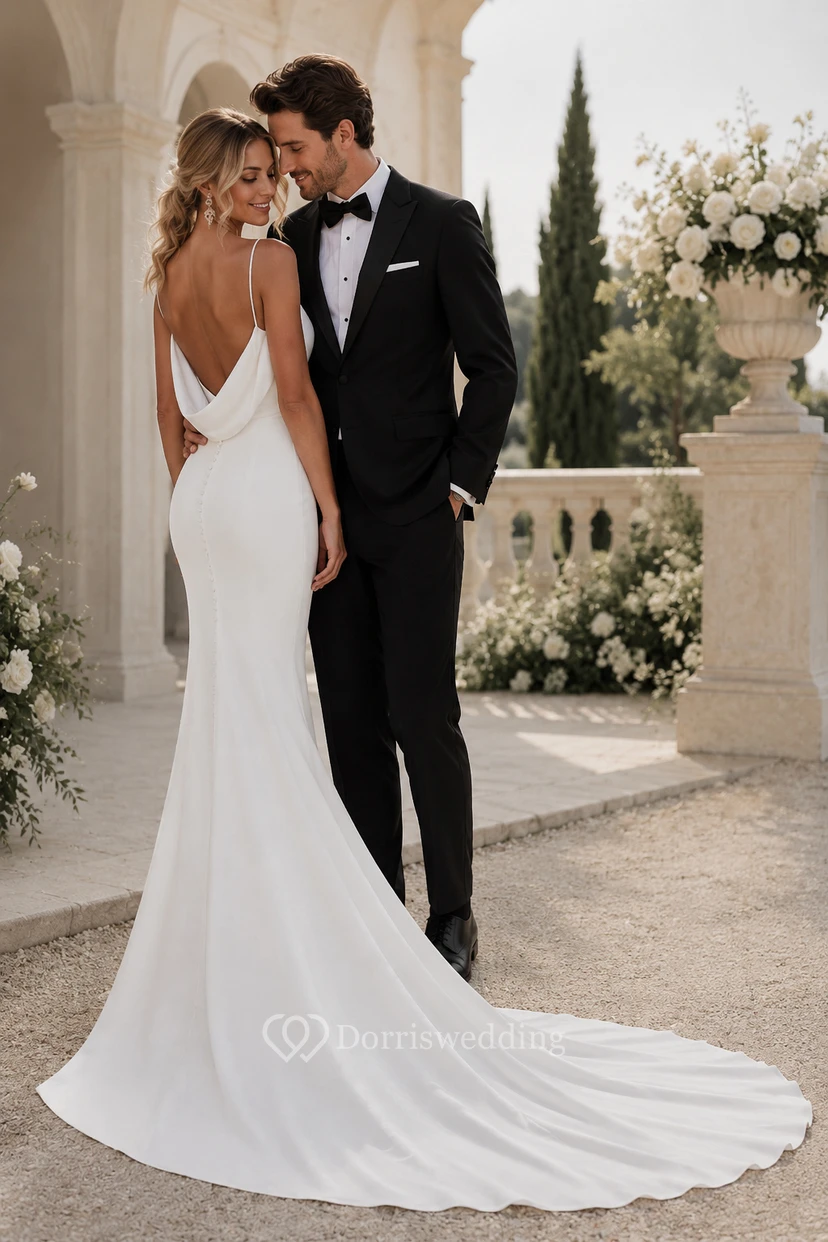 Robe de mariée fourreau blanche à décolleté en V profond