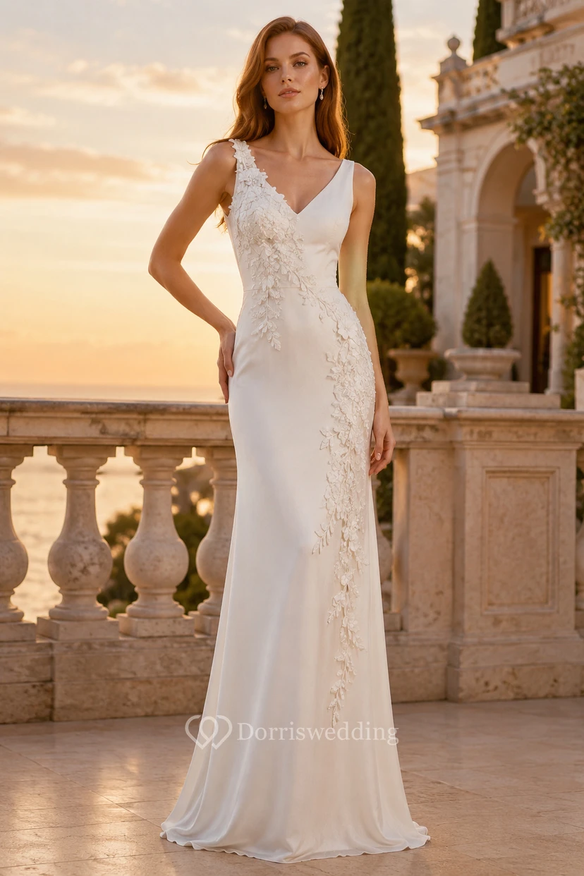 Evening Gown Ivory Satin Lace Sheath V-Neck Sleeveless Sweep Train