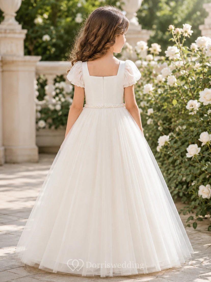 Blumenmädchenkleid, elfenbeinfarben, Tüll, A-Linie, Puffärmel, eckiger Ausschnitt, Teelänge, plissiert view 2