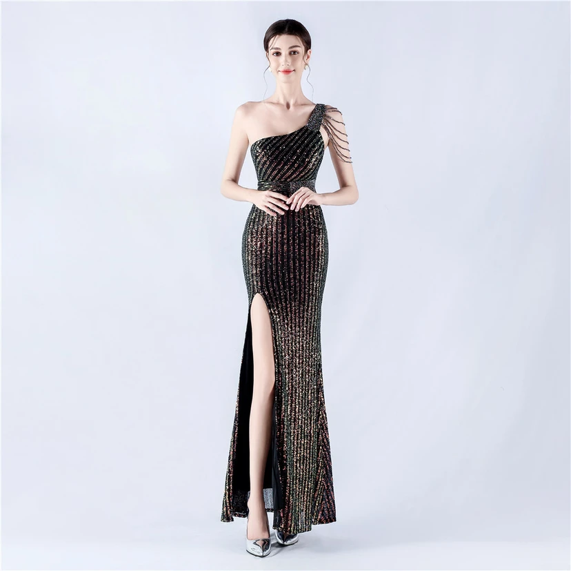 Heavy Beaded One-Shoulder Oblique Collar High Fork Sequin Dinner Dress view 4