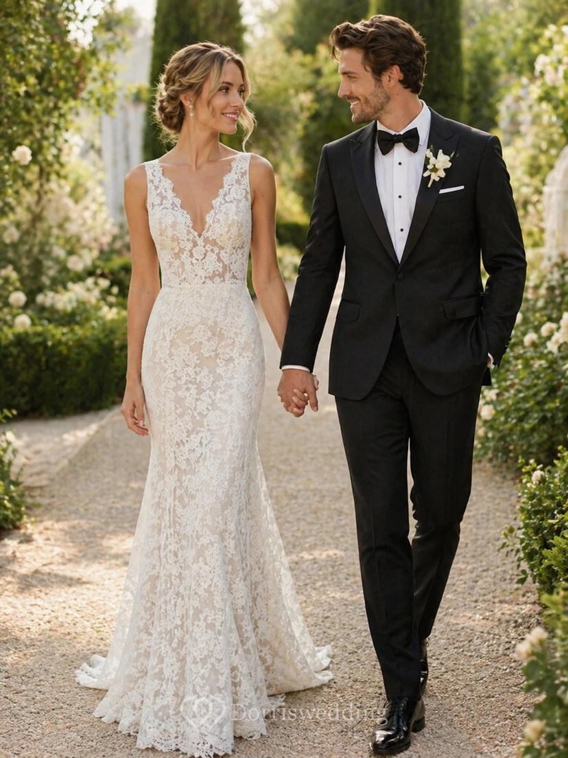 Vestido de novia sencillo informal con escote en V, encaje y espalda con abertura.