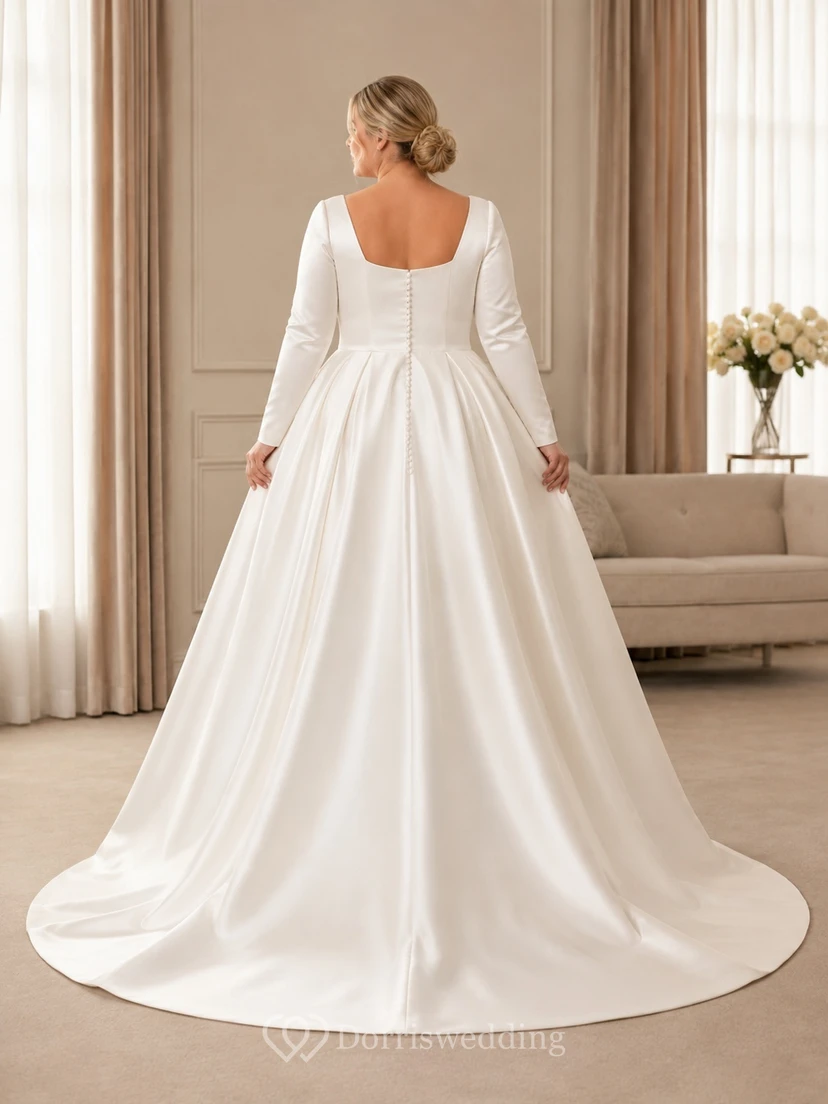 Plus Size Langarm-Ballkleid aus Satin mit eckigem Ausschnitt, schlichtes Hochzeitskleid view 2