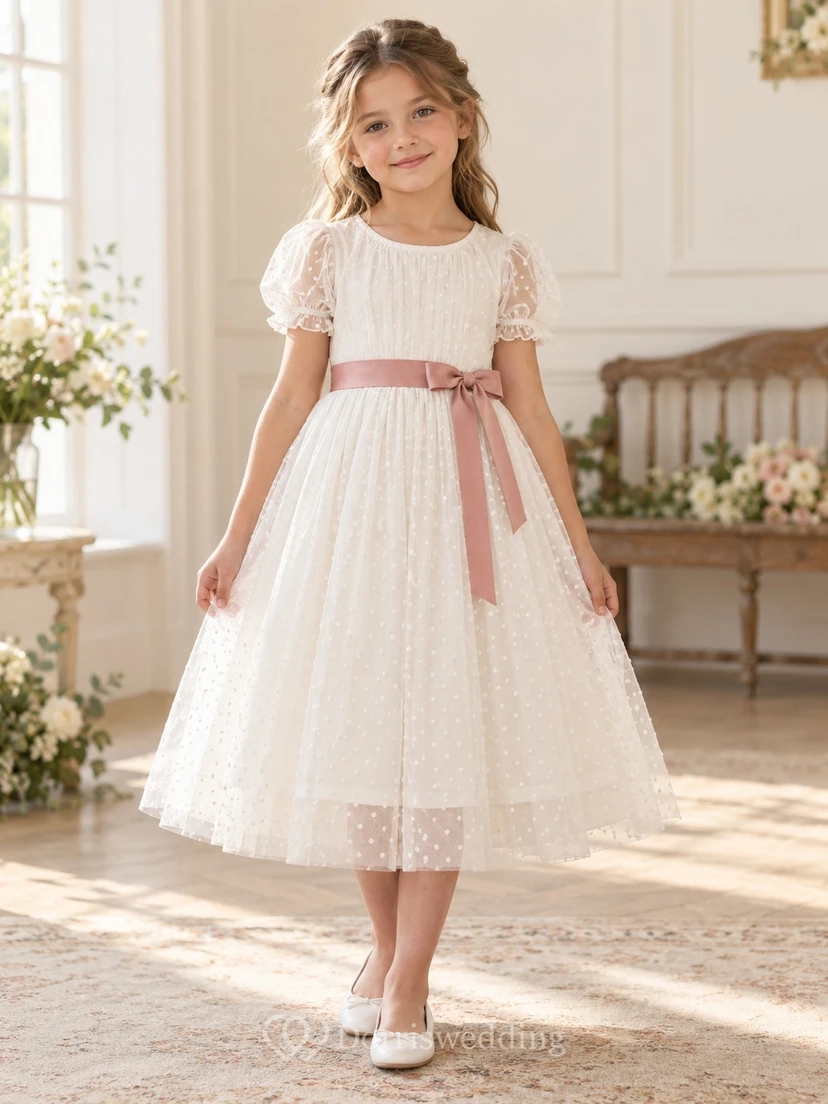 Vestido de niña de flores color marfil, corte en A, manga abullonada, estampado de lunares, pliegues y fajín de rosas.