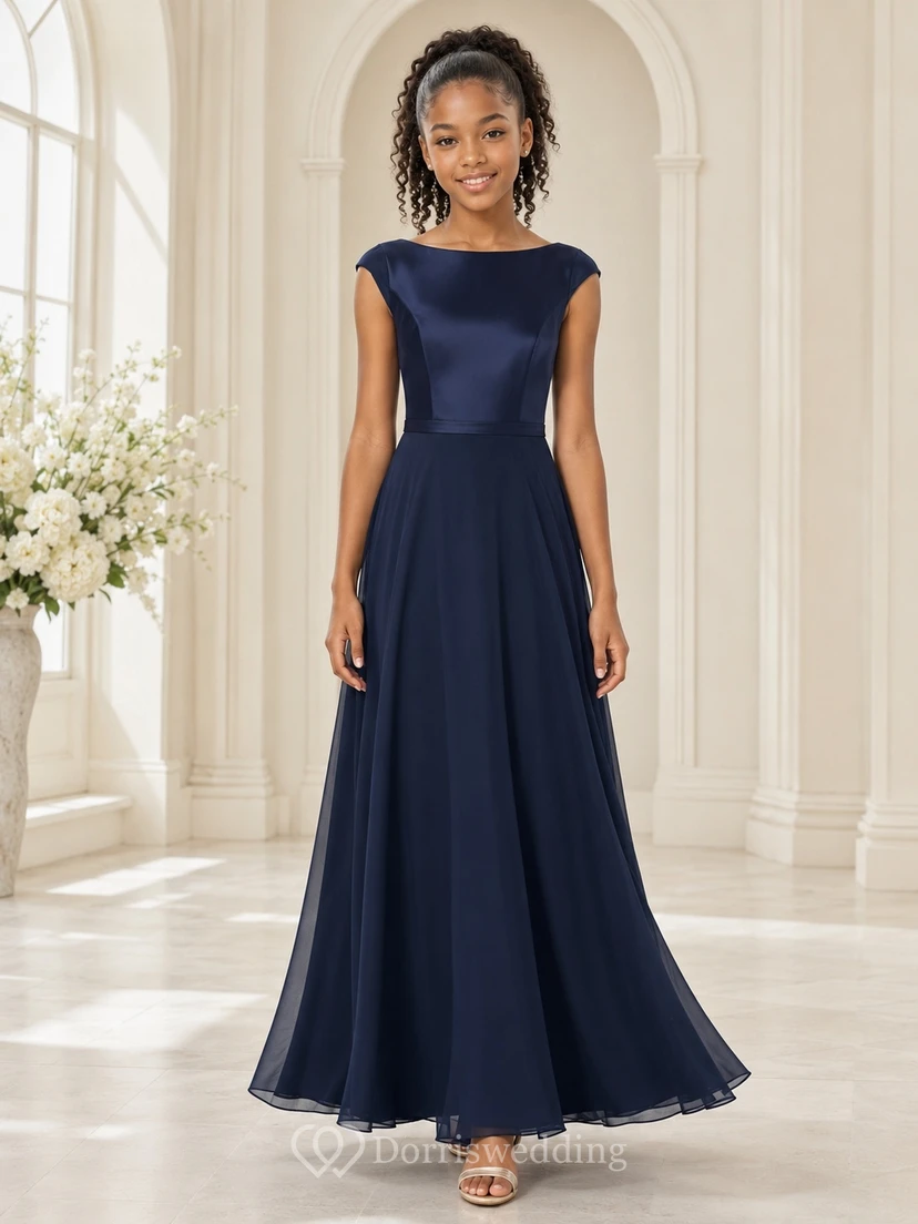 Dunkelblaues Brautjungfernkleid für junge Mädchen, A-Linie, U-Boot-Ausschnitt, ärmellos, Satin, schlicht und elegant