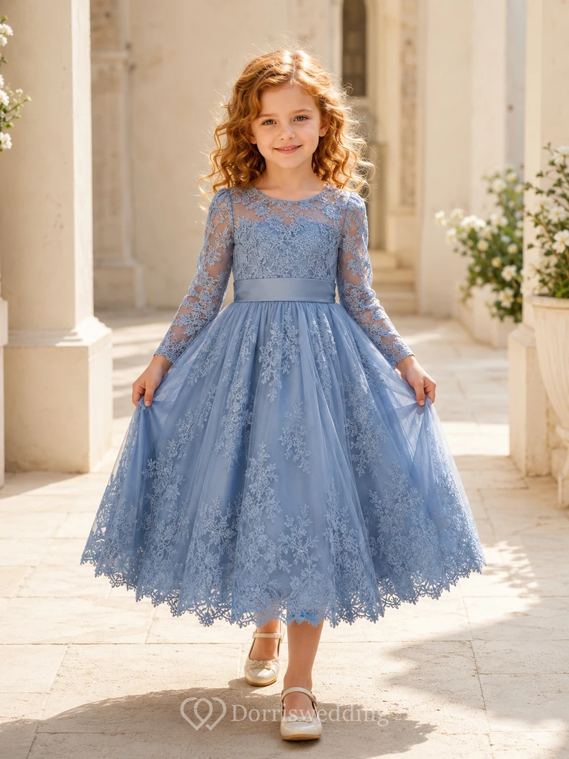 Blaues langärmeliges Spitzenkleid für Blumenmädchen