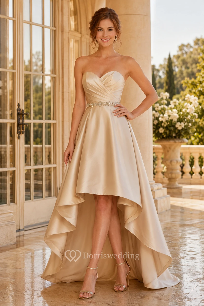 Champagne Strapless Satin High-Low Dress with Sweep Train