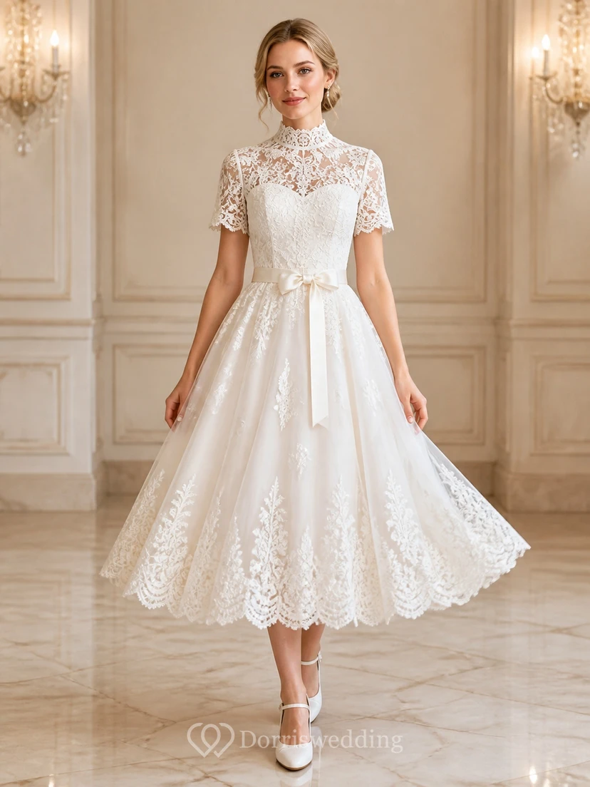 Vestido de novia romántico de corte A hasta la rodilla con cuello alto y mangas cortas