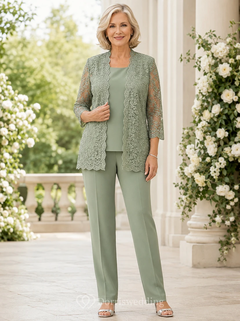 Eleganter, dreiteiliger Hosenanzug in Salbeigrün mit geradem Bein, geradem Saum und knöchellanger Hose – perfekt für die Mutter der Braut.