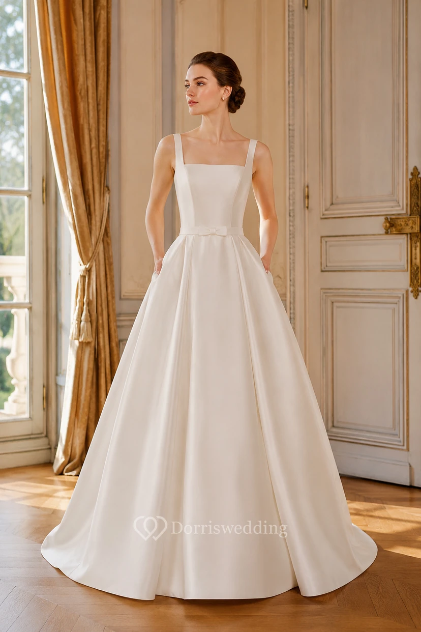 Robe de mariée trapèze en satin à encolure carrée et traîne courte