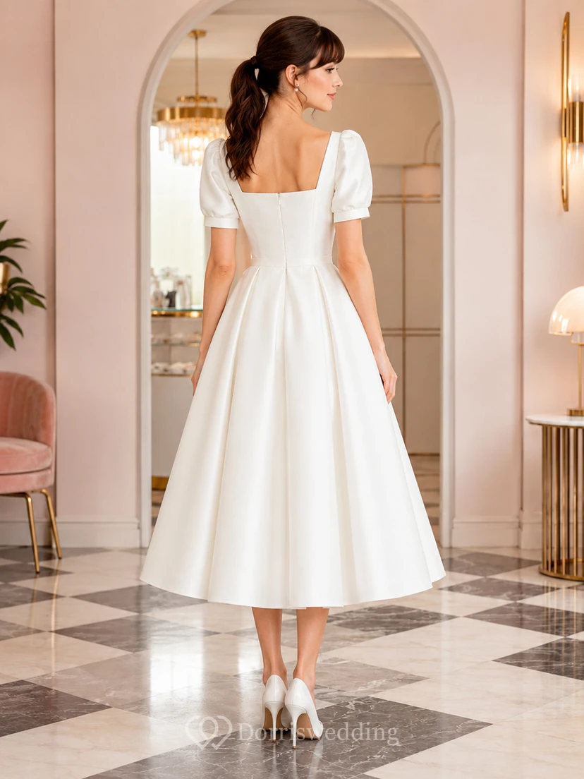 Retro Tea-Length Square Neck Puff Sleeve Satin Vintage Wedding Dress view 2