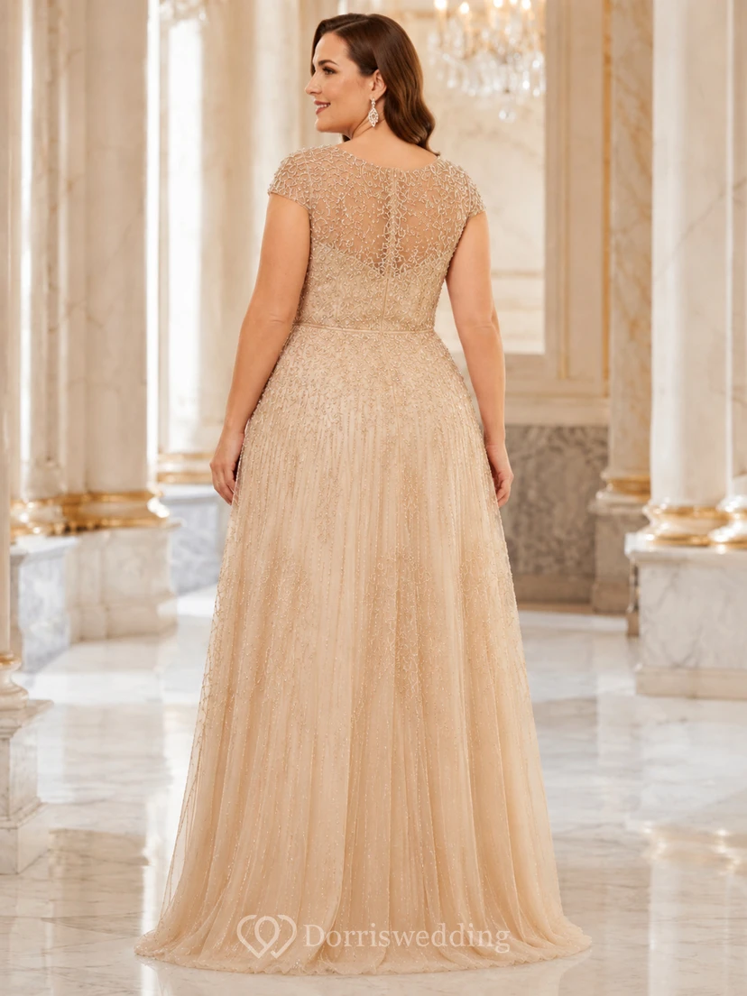 Champagnerfarbenes, extragroßes, elegantes A-Linien-Abendkleid aus Tüll mit Rundhalsausschnitt und kurzen Ärmeln, Perlenbesatz view 2
