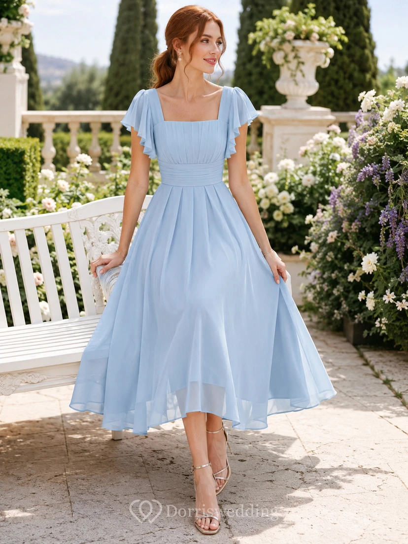 Sky Blue Square Neck Flutter Sleeve Chiffon Tea Guest Dress