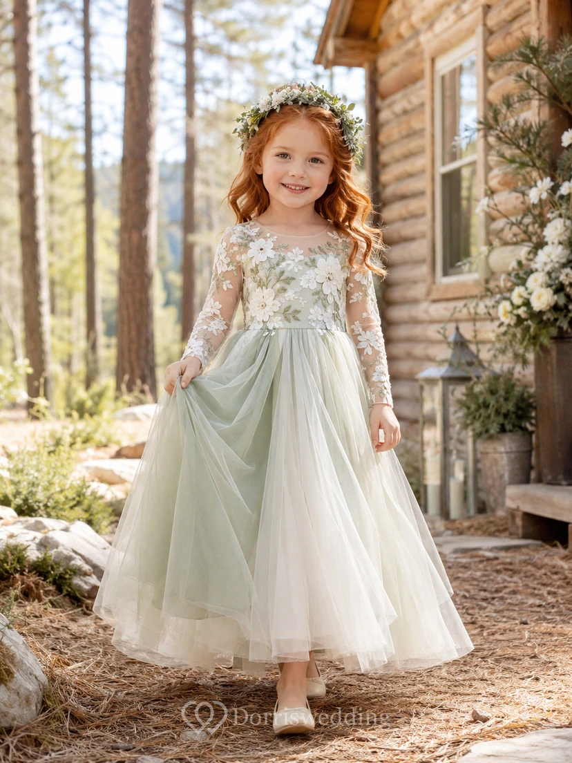 Flower Girl Dress A-Line Celadon Floral Lace Tulle Long Sleeve Cabin