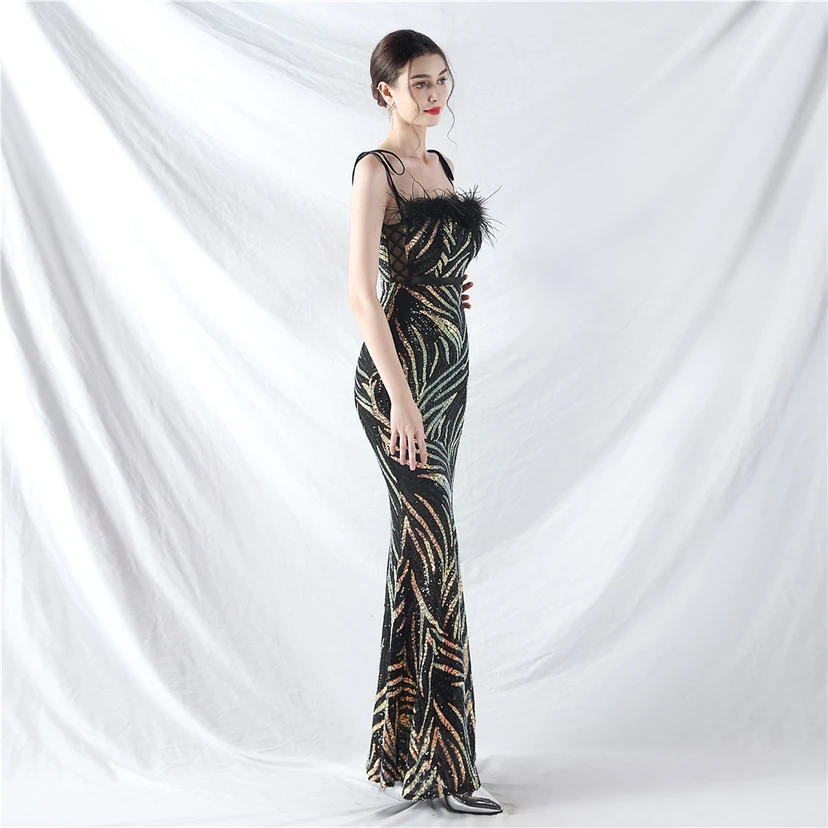 Double-Binding Rope-Binding Craft-Made Ostrich Feather Encrypted Laminated Beads High-End Evening Dress view 14