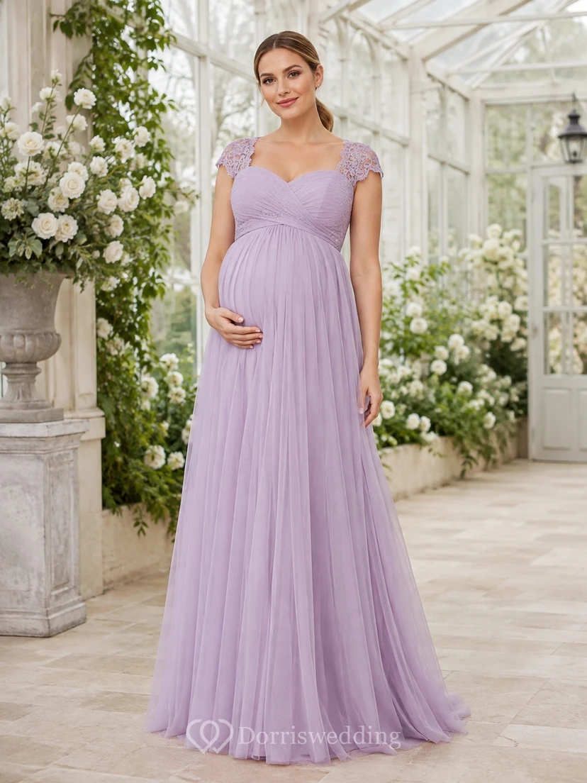 Lavender Maternity V-Neck Short Sleeve Chiffon A-Line Floor Dress