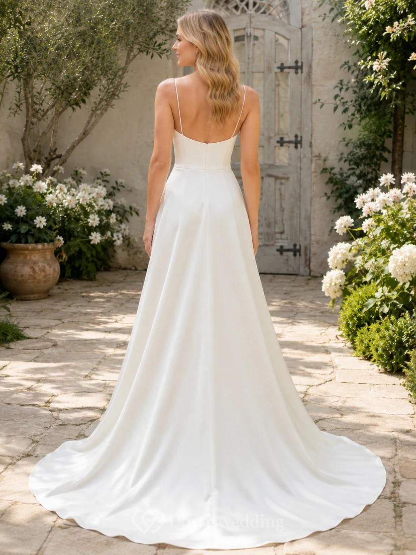 Minimalist Satin Wedding Dress A-Line Spaghetti Strap Sweep Train Bridal Gown view 2