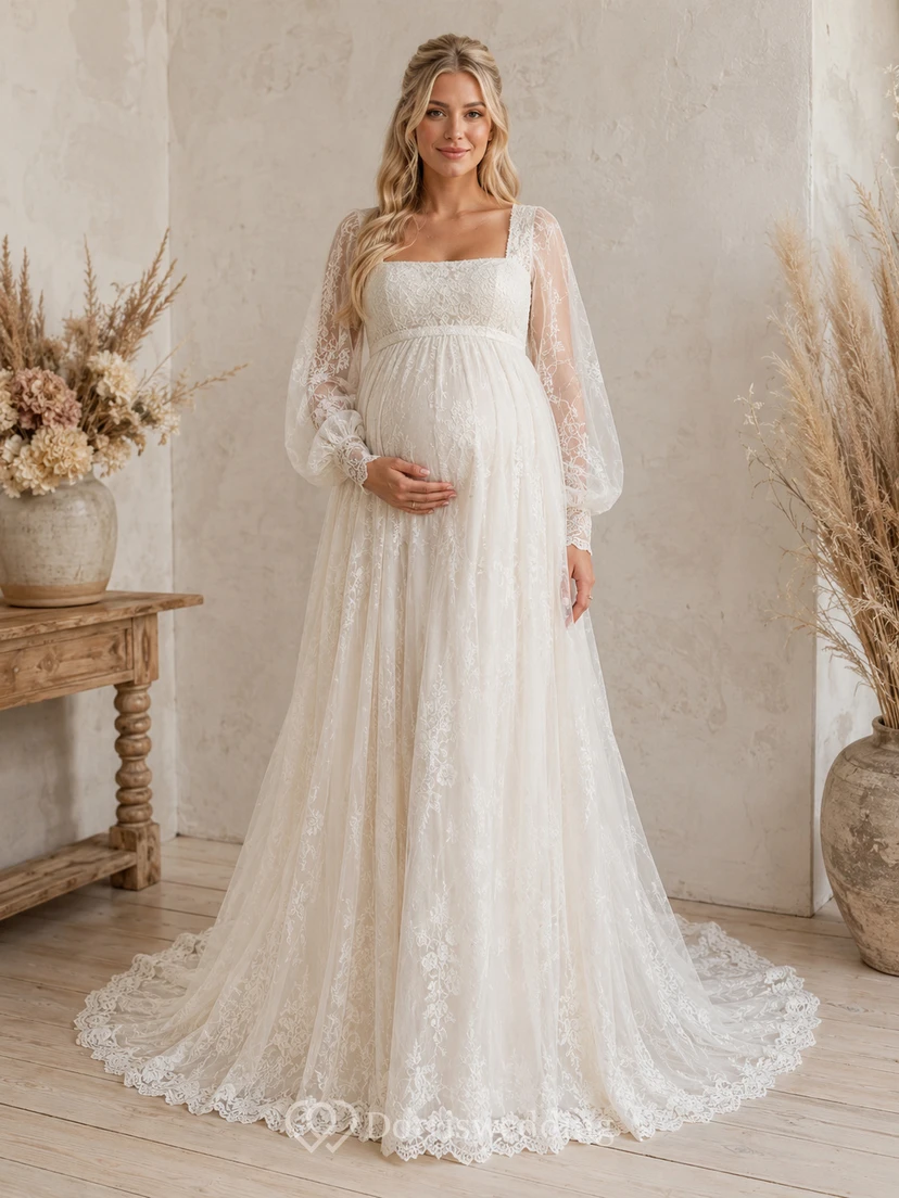 Maternity Bohemian Square Neck Long Poet Sleeve Lace Empire Sweep Train Wedding Dress