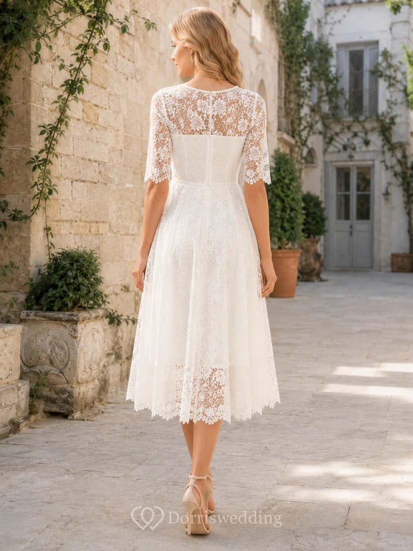 Vestido de novia de estilo vintage, elegante, de corte A, largo hasta la rodilla, escote redondo y manga corta, ideal para renovación de votos matrimoniales. view 2