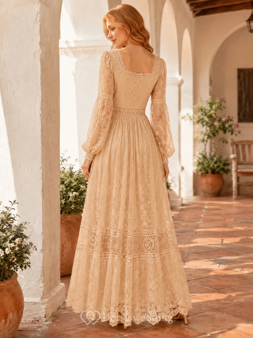 Vintage Champagne Square Neck Long Bell Sleeve Geometric Lace A-Line Floor-Length Dress view 2