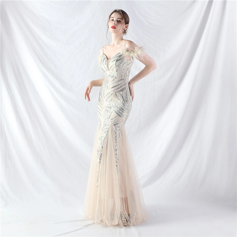 Crafted Ostrich Feather Stacked Sequins Splicing Mesh Gauze High-End Evening Dress Clothes view 74