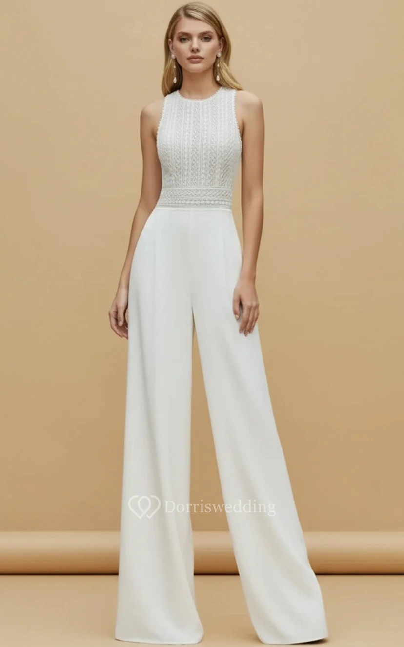 Ärmelloser Hochzeitsjumpsuit mit Strickstruktur, Taillenverzierung und weitem Bein