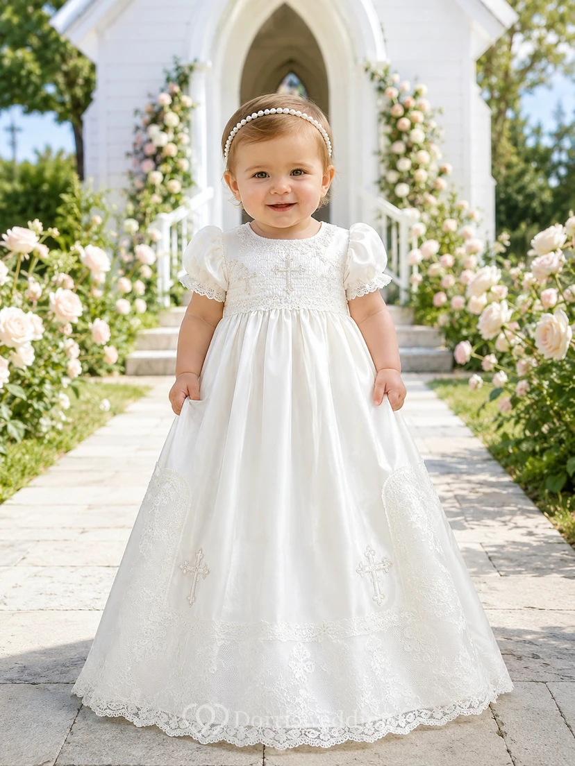 Cross Embroidered Christening Gown A-Line Tulle Lace Jewel Neck Short Sleeve view 2