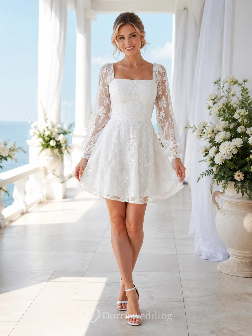 Robe de répétition courte en dentelle blanche, col carré, manches longues, coupe trapèze illusion, manches longues