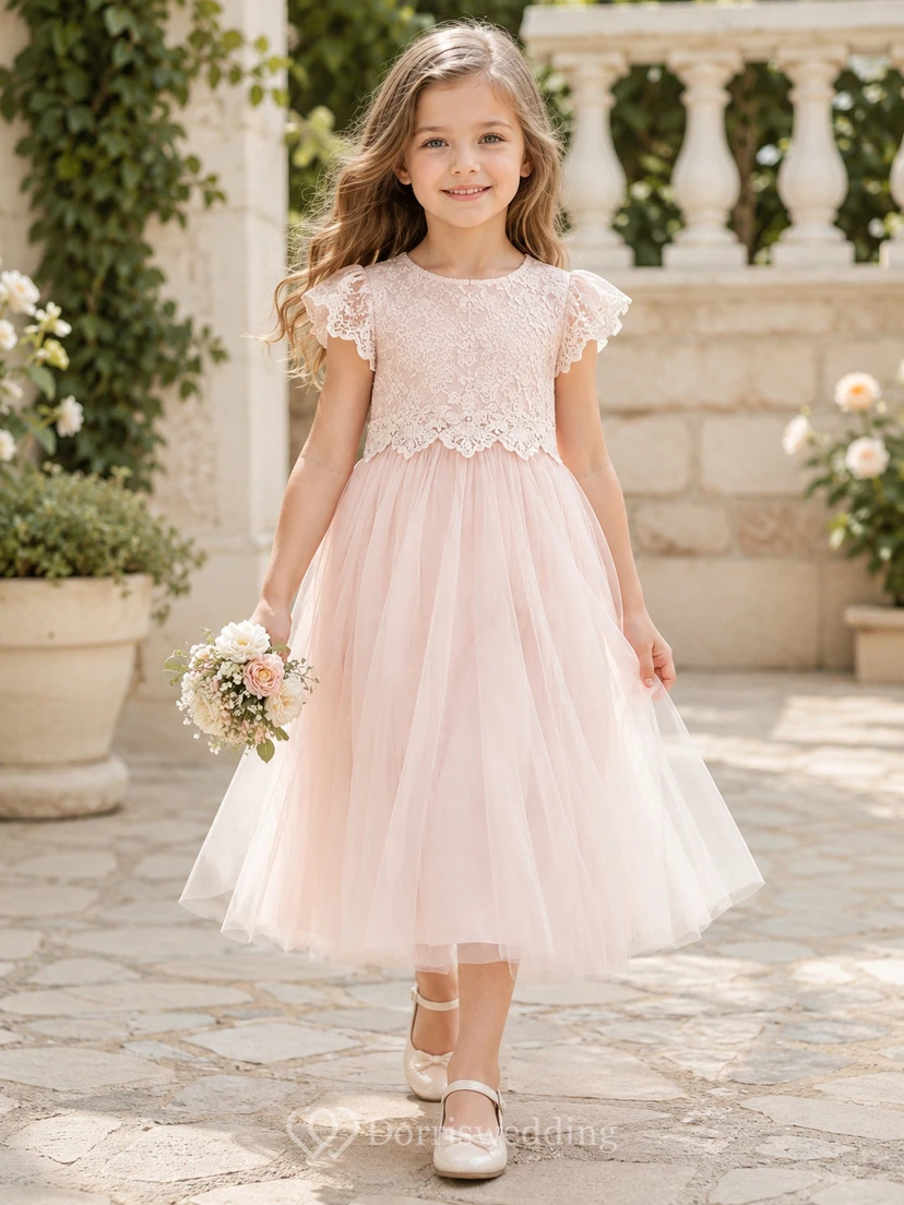 Blush Lace Bodice Tulle A-Line Flower Girl Dress with Short Sleeves, Jewel Neck and Tea-Length Skirt