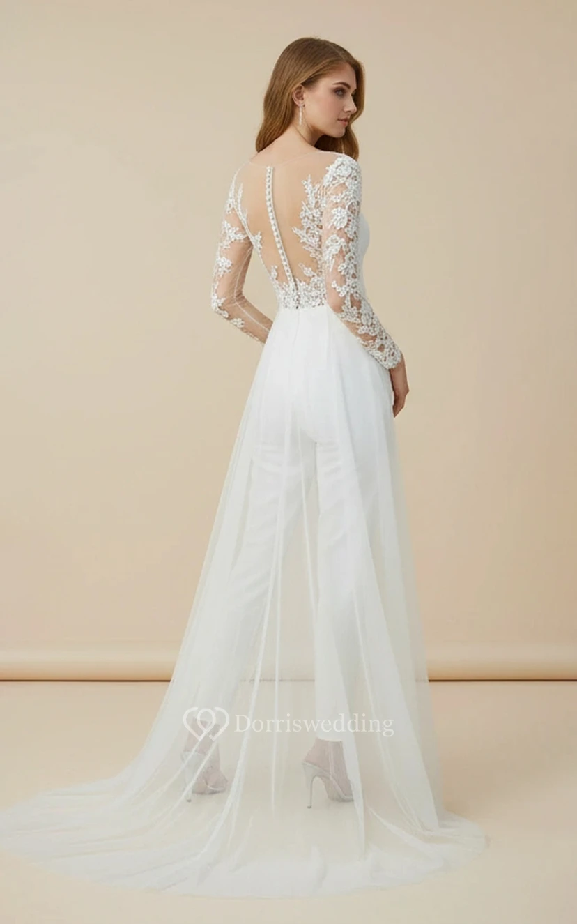 Hochzeitsjumpsuit mit Rundhalsausschnitt, langen Ärmeln und Spitzenstickerei view 2