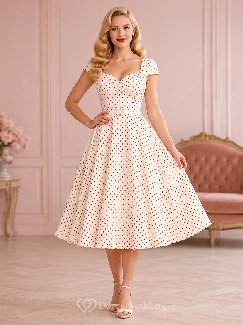 Polka Memory Ivory A-Line Tea-Length Square Short-Sleeve Satin Vintage Guest Dress