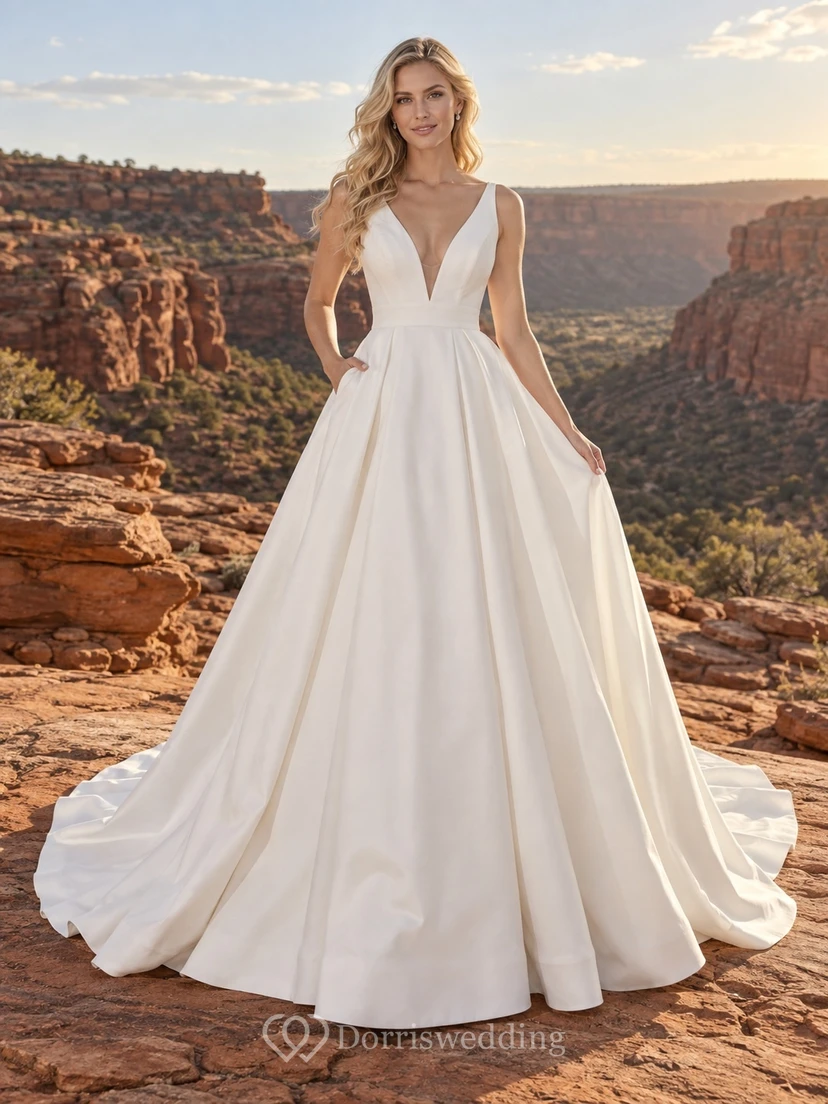 Schlichtes, ärmelloses Brautkleid aus Satin mit V-Ausschnitt, A-Linie und Schleppe
