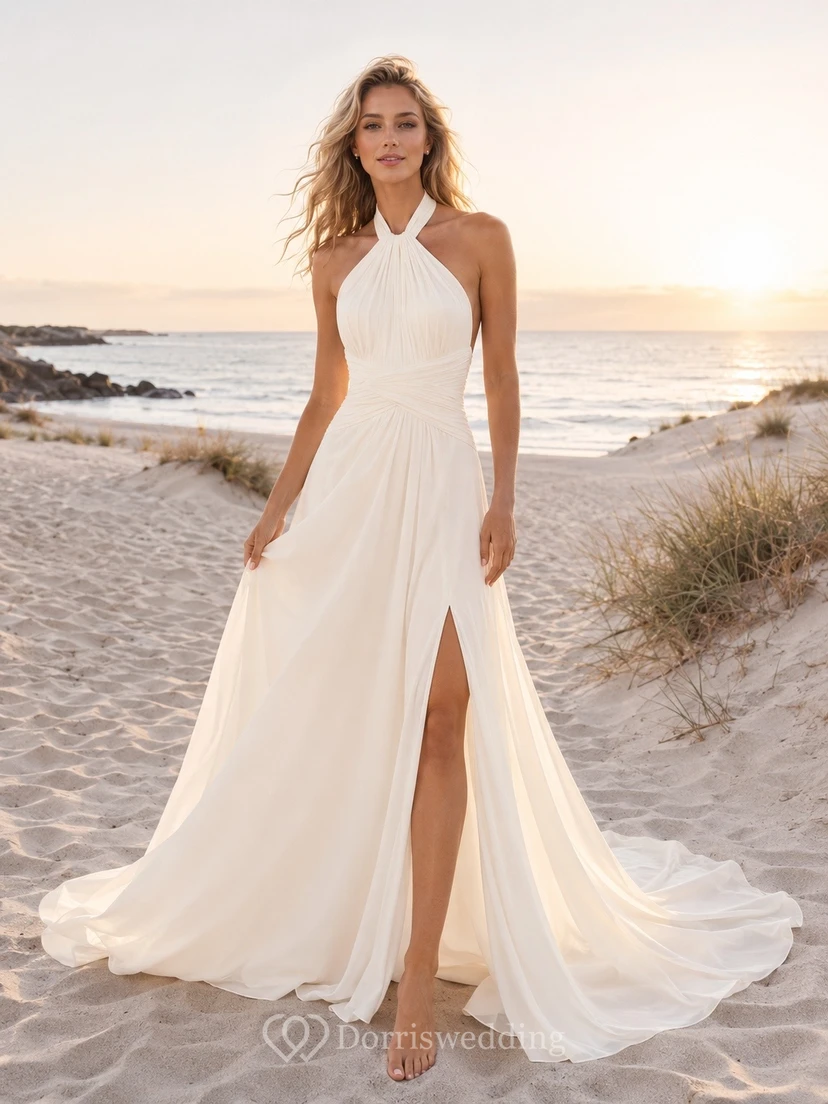 Vestido de novia formal de corte A con escote halter y cuello tipo bohemio, tallas grandes.