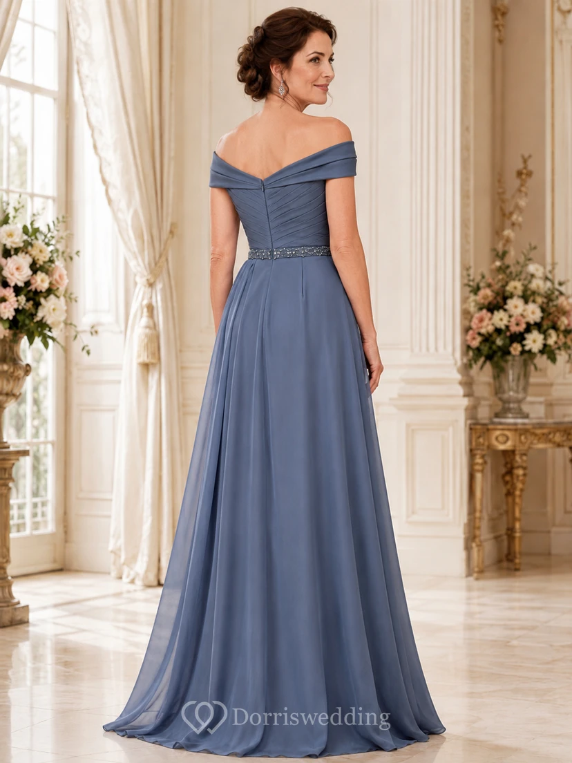 Elegant Slate Blue Off Shoulder Beaded Chiffon A Line Mother Gown view 2