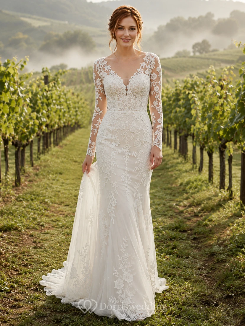 Country Lace Wedding Dress Mermaid Sweetheart Long Sleeve Sweep Train Low V Back Bridal Gown
