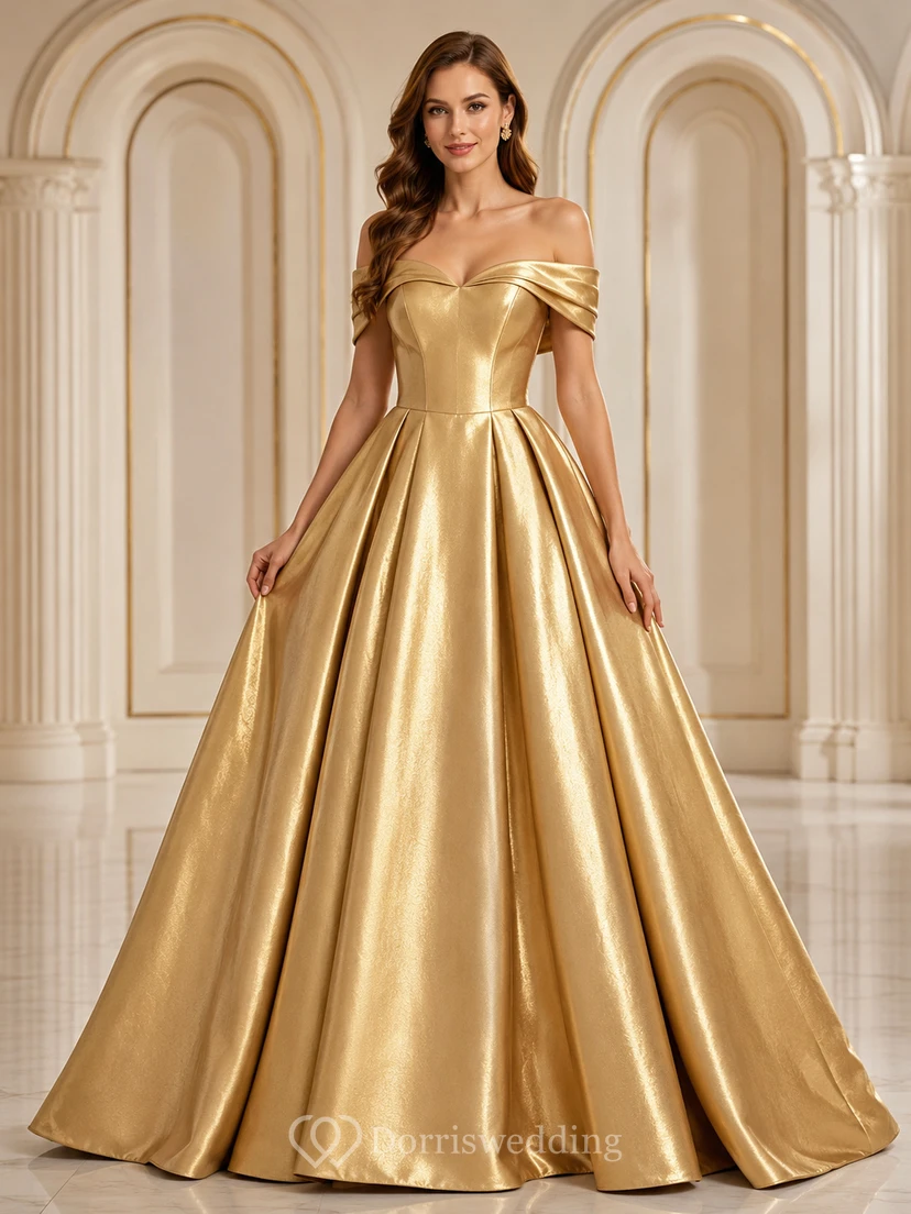 Vestido de gala de lujo Gilded Majesty Gold, largo hasta el suelo, con hombros descubiertos y manga corta, confeccionado en satén metalizado.