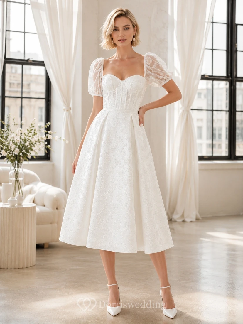 Romantic Puff Sleeve Taffeta A Line Tea Length Bridal Reception Wedding Dress