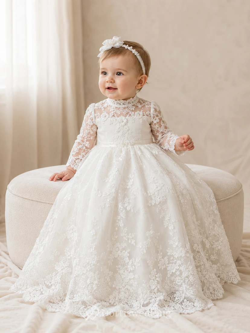 High Neck Christening Gown A-Line Lace Tulle Long Sleeve Button Back